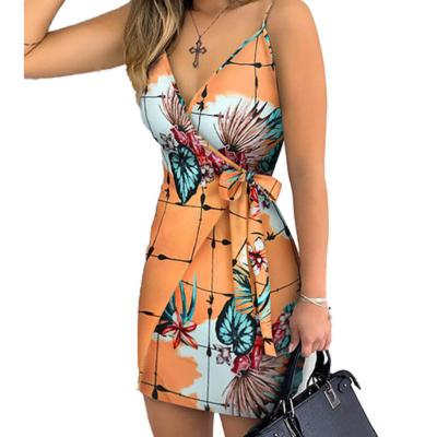 China Sleeveless Anti-Static Tropical Women's Wrap V-Neck Printing Sleeveless Summer Holiday Mini Dress Plus Size Women's Dress for sale