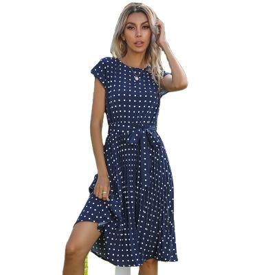 China New 2021 Summer Anti-Static Polka Dot Casual Pleated Midi Dresses Fashion Printing Women Beach Dress For Women Holiday Ladies Elegant Sunbathing for sale