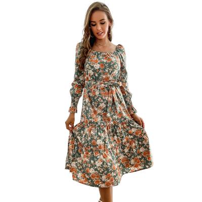 China Anti-Static Women Flare Sleeve Floral Chiffon Casual Dresses Autumn High Waist Female V-Neck Spring 2021 Elegant Vintage New Dress for sale