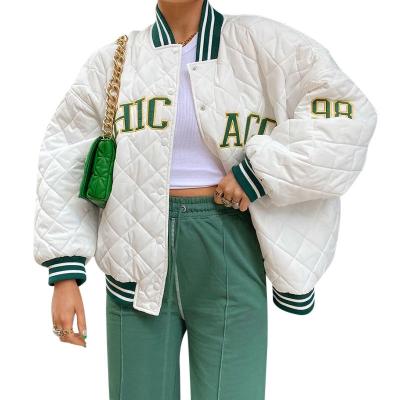 China white 2021 Casual Women's College Autumn Winter Oversized Patchwork Jacket Coat Luckyone Green Print Fashion Baseball Bomber Coat Anti-wrinkle for sale