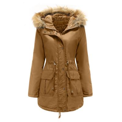 China Anti-wrinkle fashion velvet women Cotton-padded winter hooded coat collar jacket warm plush fur parka plus size solid color khaki tops ladies for sale