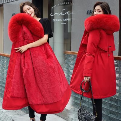 China 2022 New Cotton Anti-wrinkle Coating Parker Parka Fashion Adjustable Waist Fur Collar Winter Jacket Women Medium Hooded Parka Coat Long Outwear for sale