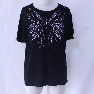 China Viable Ready To Ship Junyuan Women's Fashion 2019 New Plus Size Butterfly Rhinestone Hot Fix O Neck T-shirt For Lady for sale