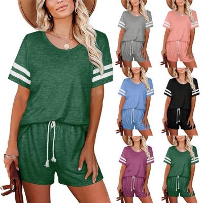 China Hot Sale Summer Casual Women Fashion Multicolor Solid O Neck Explosion Sets Sports T-Shirts With Shorts Women Clothing Two Piece Sets for sale