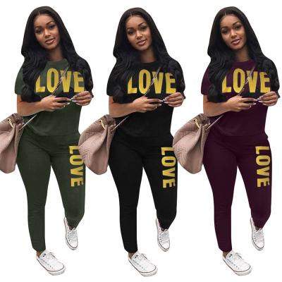 China Fashion QUICK DRY Women's Fashion Long Sleeve Letter Print Sportswear Long Sleeve Tops And Pants Set Two Piece Short Casual Love Two Piece for sale