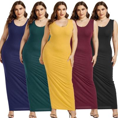 China Hot Selling Sleeveless Rib Strip Solid Color Plus Size Wide Strap Washable Dress Women Casual Wear Lady Elegant Sleeveless Simple sexy for sale