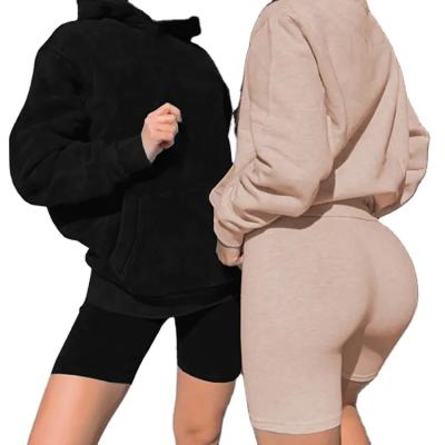 China Anti-Wrinkle New Arrival French Terry Custom Solid Two Piece Hoodie And Bike Shorts Oversized Loose Fit Sets For Women for sale