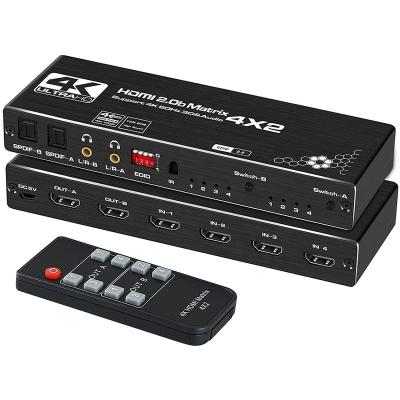 China Aluminum Alloy OZJ1 4K@60Hz 4x2 4 In 2 Out Of HDMI 2.0b Matrix Changer 4K Switch Splitter + Optical & L/R Audio Output, Scaler EDID With Remote for sale