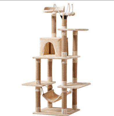 China Sustainable Sustainable Custom climbing frame multi-level Platform Wooden Cat Scratching Tree With Hammock cat tower for sale