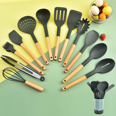 China Sustainable High Quality Silicone Kitchen Cookware 12 Pieces Set Wooden Utensils Set For Kitchen for sale