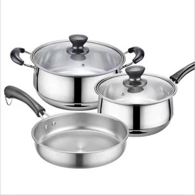 China New Arrival Three Piece Stocked Wok Pan Non Stick Cooking Set Stainless Steel Pot Set With Glass Cover for sale