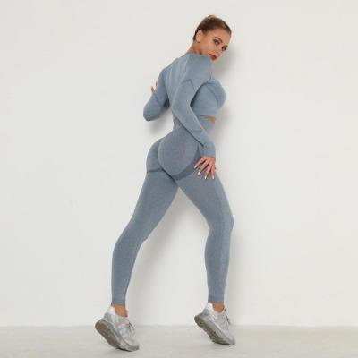 China Breathable Women's Yoga Set Seamless Two Piece Sports Wear Long Sleeve Women's Fitness Yoga Set Clothes for sale