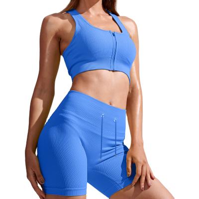 China 2022 New Spring Summer Zipper Sports Set Breathable Fashionable Women Zipper Vest Pull Rope Buttocks Fitness Shorts 2 Pieces Yoga Suit for sale