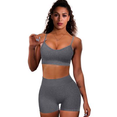 China 2022 new mine article QUICK DRY fabric woman two-piece sports suit bra high-waist shorts fitness yoga gym biker wear customer logo for sale