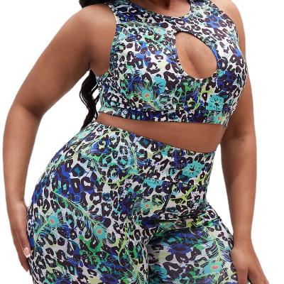 China 2022 new leopard print plus size 4XL breathable woman yoga gym sports sports leisure large size two pieces of fitness set cut out suit for sale