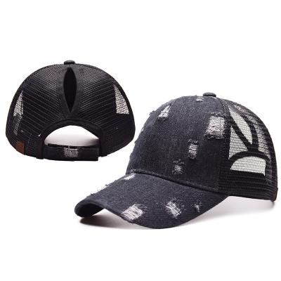 China breathable & Waterproof Denim Women Hats Ponytail Baseball Mesh Hat With Hole And Hair for sale