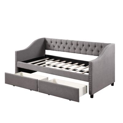 China (Other) Adjustable upholstered fabric daybed with two drawers, wooden slat support, grey, twin size for sale