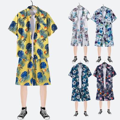 China Cheapest fashion beach vacation street wear collar breathable boho shorts shirt blouse shorts printed two piece pant suit set for men for sale