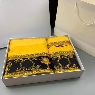 China Viable Gold Flower Design Brand High Quality Bath Towel Set Retro Style Face Towel Set for sale