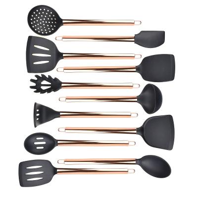 China Best Sustainable 10 Piece Silicone Nonstick Kitchen Utensils Set With Gold Plated Handle for sale