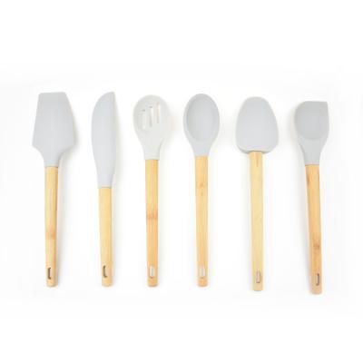 China Sustainable New Style 6 Pieces Kitchen Utensils Silicone Set With Soft Wood Handle for sale