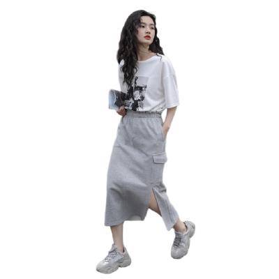 China Women's Casual Skirt Comfortable High Waist Straight Women's Pocket Cut Skirt Latest Design Fashion Solid Color Elastic Cotton for sale