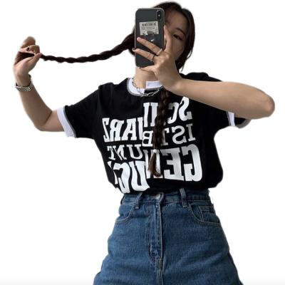 China Style Basic Letters Print Korean Street Wear Combination Design Contrast Color Style Loose T-shirt For Hot Girl for sale