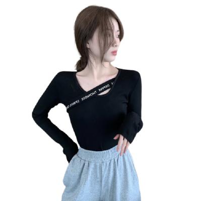 China Women's Design Custom Colors Covered Edge V-Neckline Long Sleeve T-shirt Special Exquisite Top Casual Apparel Support for sale