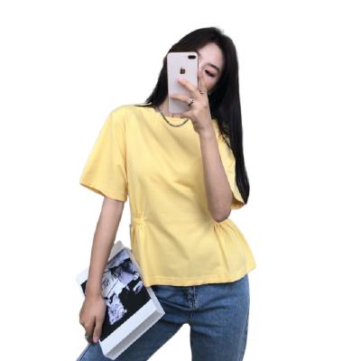 China Design Adjustable Young Women's T-shirt Solid Color Women's Casual Loose Comfortable Drawstring T-shirt Sleeve Shorts Cotton for sale