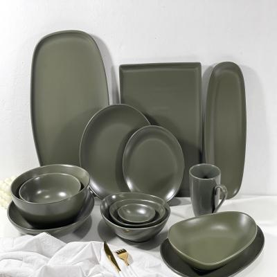 China Westem Style Wholesale Dishes Dinnerware Set Dark Green Ceramic Glazed Ceramic Wedding Dinnerware Sets With Cup for sale