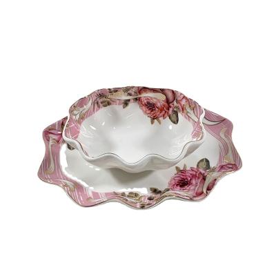 China New Arrival Flower Design Stocked Tableware Set Salad Bowl Ice Cream Bowl Porcelain Cake Plate Ceramic Serving Dish With Gold Rim for sale