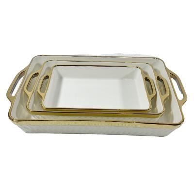 China Sustainable Luxury Ceramic Baking Tray Large Capacity Porcelain Baking Pan With Handle Oven and Microwave Safe for sale