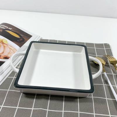 China Oven Safe Ceramic Bakeware Square Viable Form Tray Porcelain Baking Pan Ceramic Baking Dish With Handles for sale