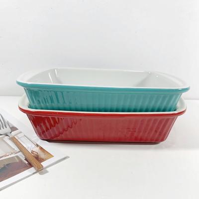 China Sustainable Hot Selling Ceramic Stock Tray With Handle Rectangular Baking Pans For Cooking Bakeware for sale