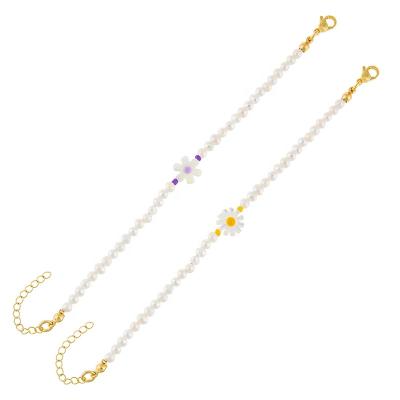 China FASHIONABLE Luxury Band 925 Sterling Silver 14k Chrysanthemum Enamel Pearl Gold Plated Chain Bracelet For Women for sale