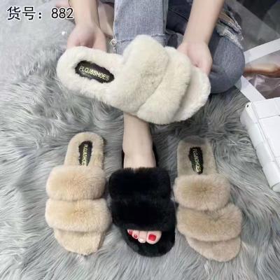 China Hot Fashion Trend Selection Tending 2 Strap Winter Plush Artificial Fur Slippers Warm Indoor Home Fluffy Slides For Girl for sale