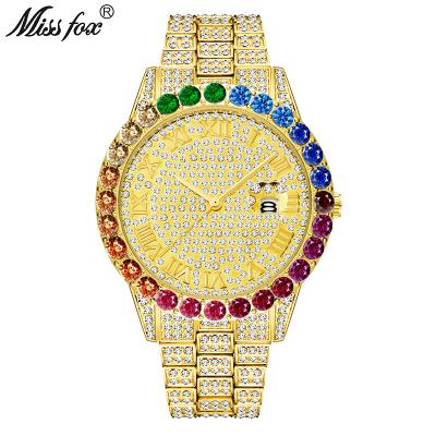 China Luxury Automatic Date MISSFOX Men Watch Diamond Bezel Iced Out Waterproof 44mm Round Case Colorful Quartz Men's Wrist Watch for sale