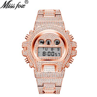 China V304 MISSFOX Digital Waterproof Multifunctional Mens Watches LED Rose Gold Watch Men Hip Hop Male Iced Out Watch for sale