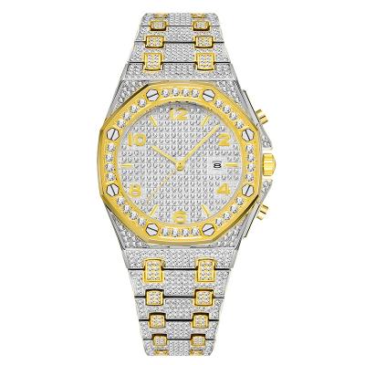 China V296 MISSFOX Waterproof Silver and Gold Watch Men's Calendar With Full Diamond Watches Top Brand Luxury Analog Water Resistant Man Watch for sale