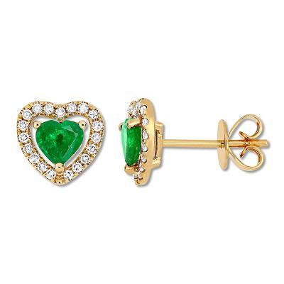 China TRENDY Heart Shape Natural Emerald Studs Earrings Halo Stones 14K Solid Gold Yellow Earrings for sale