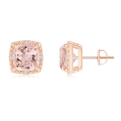 China Claw Cushion 7mm Morganite Halo Stud Earrings 14K Rose Gold Beaded Morganite Stud Earrings Women Men-Morganite Earring Set for sale