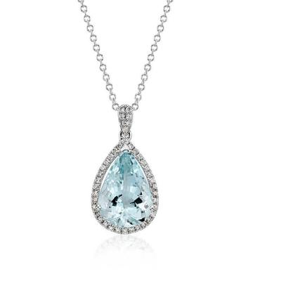 China TRENDY 14K White Gold Pave Green Blue Diamond Pear Cut Aquamarine Pendant Necklace for sale