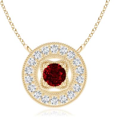 China Vintage Style 14k Yellow Gold CLASSIC Natural Ruby Stone Halo Pendant Necklace Designs for sale