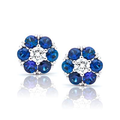 China CLASSIC Flower Shape Natural White And Blue Real Gold Sapphire Cluster Earrings For Women Stud Earrings for sale