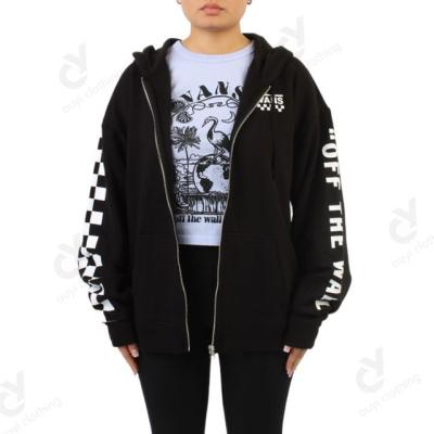 China Other Custom Sleeve Checkerboard Printed Graphics Oversized Full Zip Hoodie Screenprinted Logo Tailor Made Hoodie for sale