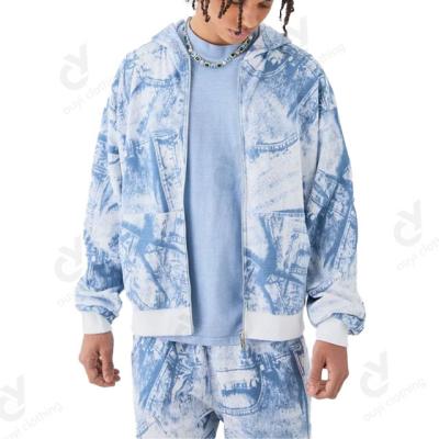 China Other Man Zip Up All Over Printed Heavyweight Waffle Hoodie Set Fashion Fitness Joggers Street Tracksuit Set Custom for sale