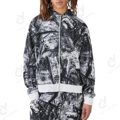 China Other Custom Men Oversized Zip Up All Over Printed Heavyweight Waffle Hoodie Set Fashion Fitness Joggers Tracksuits Set for sale