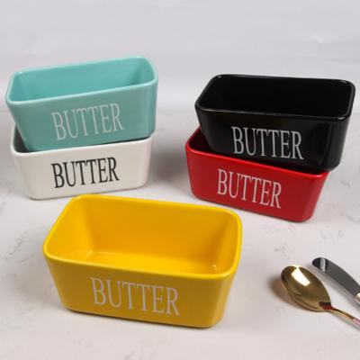 China Amazon Stocked Border Ceramic Butter Dish with Lid and Rectangular Bread Butter Storage Box Western Wholesale for sale