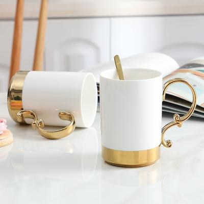 China Modern Simplicity White Gold Porcelain Stocked Luxury White Coffee Mug, Ceramic Cup With Spoon for sale