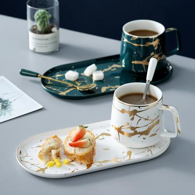 China Popular Marble Ceramic Tray Cup Porcelain Coffee Cup and Saucer Stocked European Style Set for sale